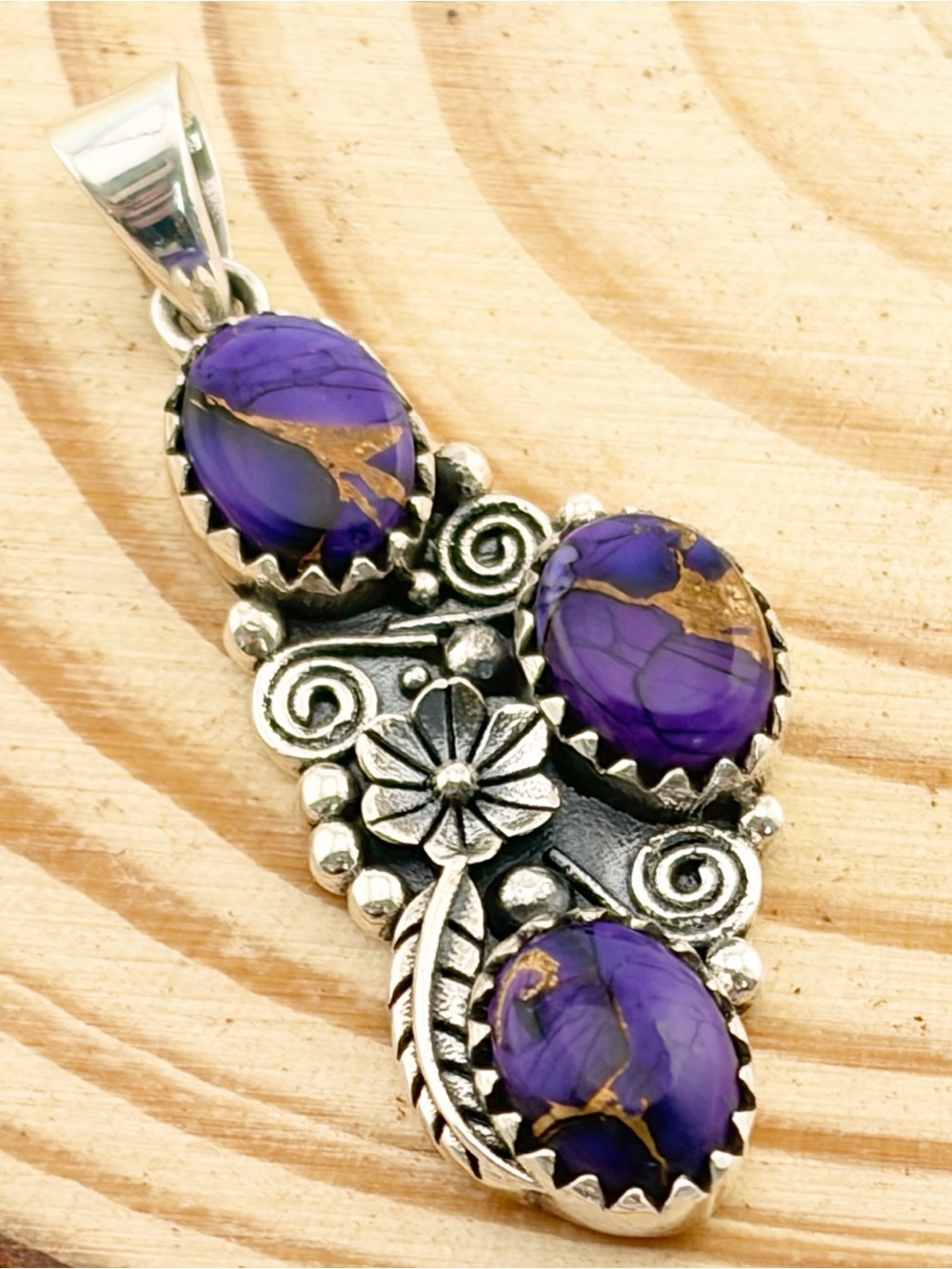 Sterling Silver 925 Genuine Purple Copper Kingman Turquoise Pendant Floral New